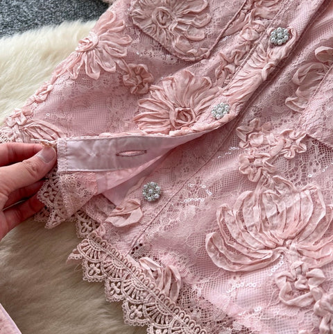 Lace Patchwork Blouse & Skirt 2Pcs