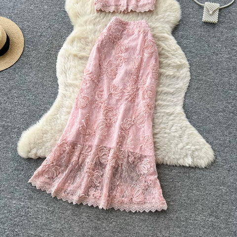 Lace Patchwork Blouse & Skirt 2Pcs