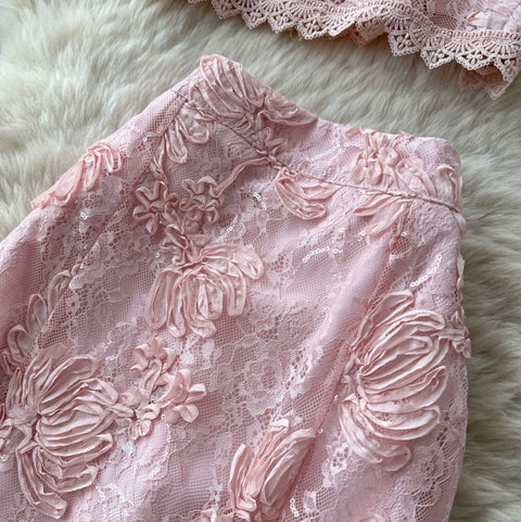 Lace Patchwork Blouse & Skirt 2Pcs