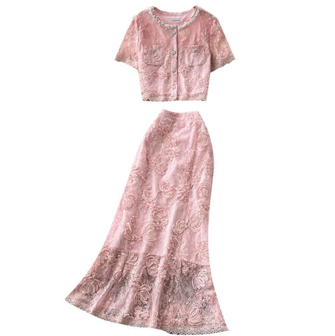 Lace Patchwork Blouse & Skirt 2Pcs
