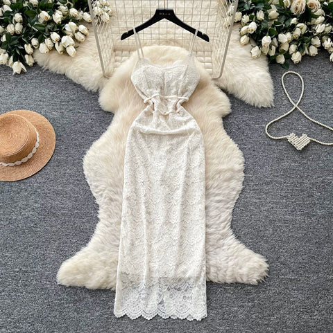 Apricot Hollowed Lace Slip Dress