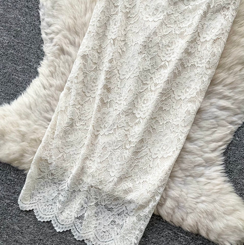 Apricot Hollowed Lace Slip Dress
