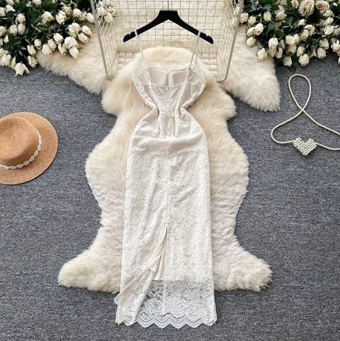 Apricot Hollowed Lace Slip Dress