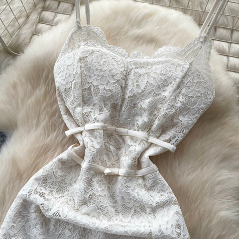 Apricot Hollowed Lace Slip Dress
