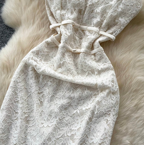 Apricot Hollowed Lace Slip Dress