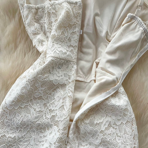 Apricot Hollowed Lace Slip Dress