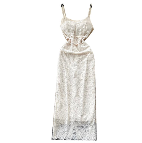 Apricot Hollowed Lace Slip Dress