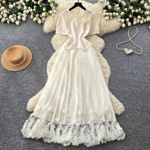 Round Collar Apricot Lace Patchwork Dress