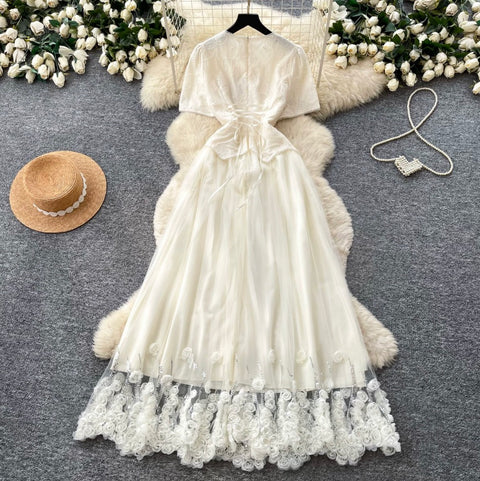 Round Collar Apricot Lace Patchwork Dress
