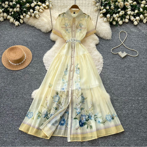 Lapeled Print A-line Shirt Dress
