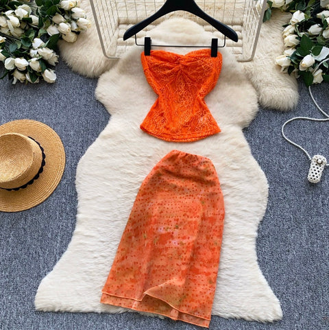 Orange Lace Top & Skirt 2Pcs
