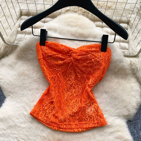 Orange Lace Top & Skirt 2Pcs