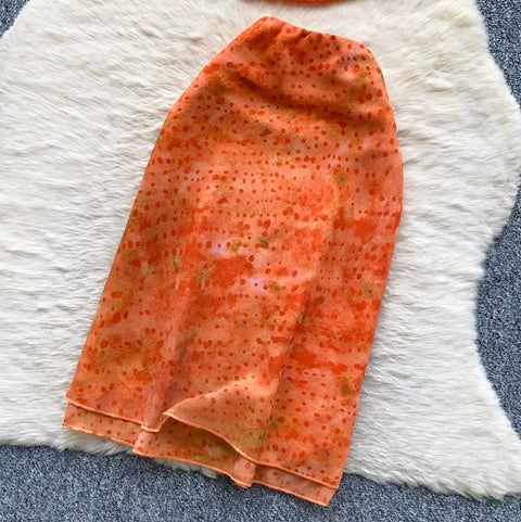 Orange Lace Top & Skirt 2Pcs