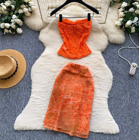 Orange Lace Top & Skirt 2Pcs