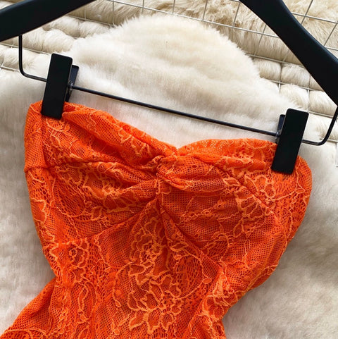 Orange Lace Top & Skirt 2Pcs