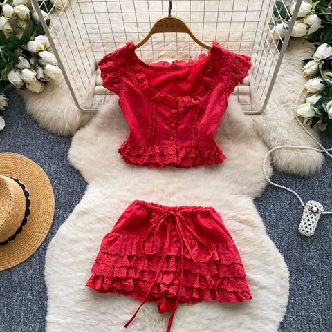 Embroidery Top & Mini Skirt 2Pcs