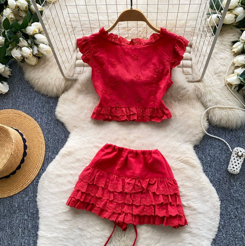 Embroidery Top & Mini Skirt 2Pcs