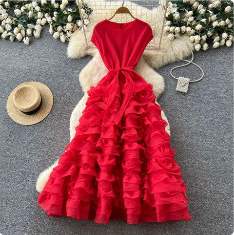 Simple Design Lace-up Ruffled Dress