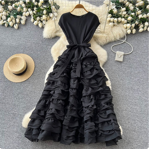Simple Design Lace-up Ruffled Dress