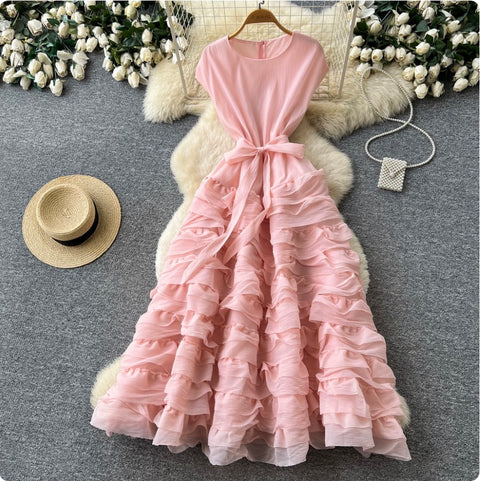 Simple Design Lace-up Ruffled Dress