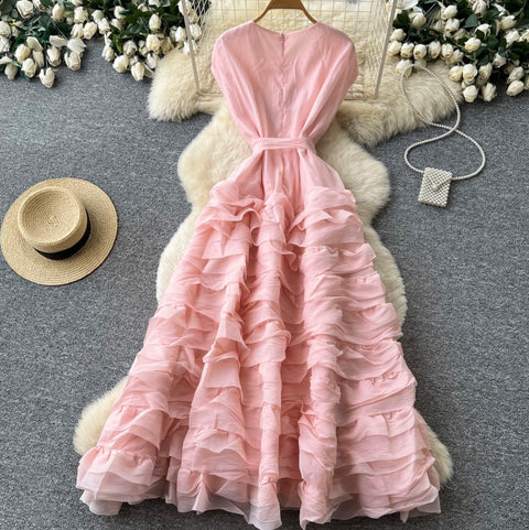 Simple Design Lace-up Ruffled Dress