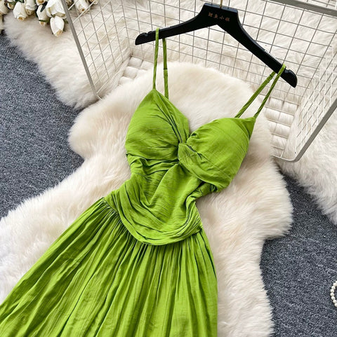 V-neck Glossy Green Slip Dress