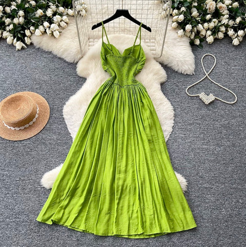 V-neck Glossy Green Slip Dress