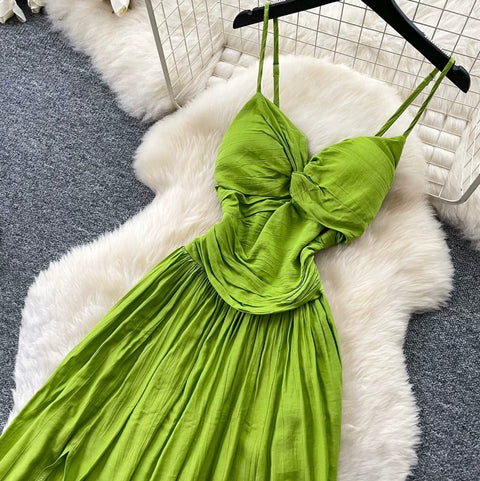 V-neck Glossy Green Slip Dress