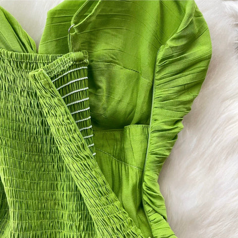 V-neck Glossy Green Slip Dress