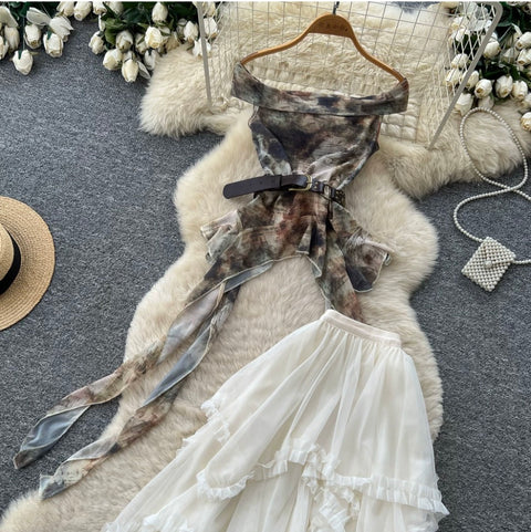 Tie-dye Top & Mesh Dress 2Pcs