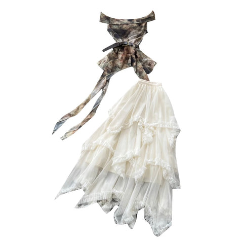 Tie-dye Top & Mesh Dress 2Pcs