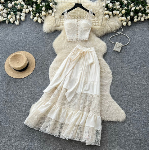 Hollowed Lace Vest & Skirt 2Pcs