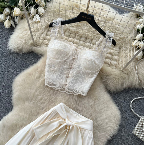 Hollowed Lace Vest & Skirt 2Pcs