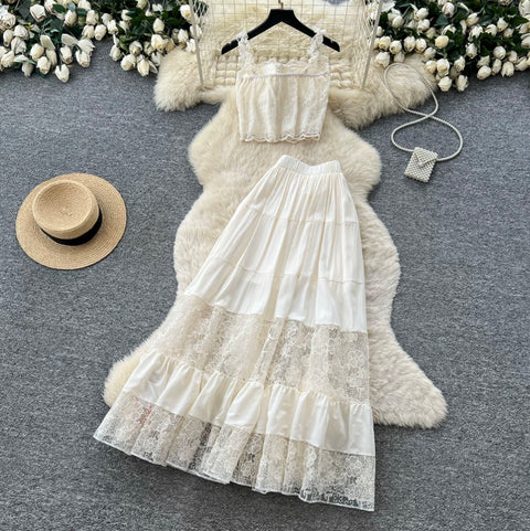 Hollowed Lace Vest & Skirt 2Pcs