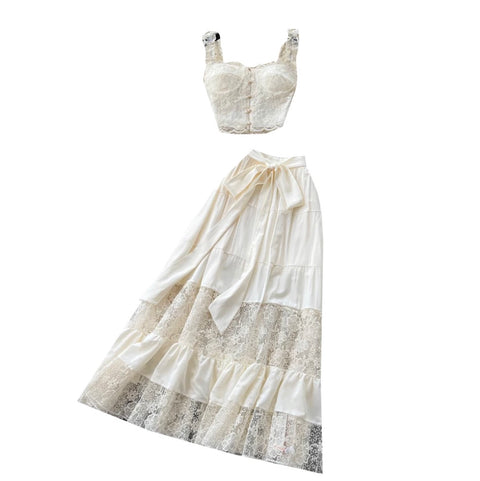 Hollowed Lace Vest & Skirt 2Pcs