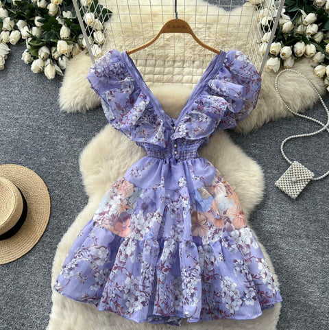 Backless Lace-up Floral Dress