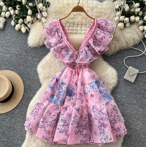Backless Lace-up Floral Dress