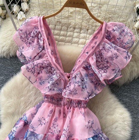 Backless Lace-up Floral Dress