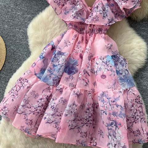 Backless Lace-up Floral Dress