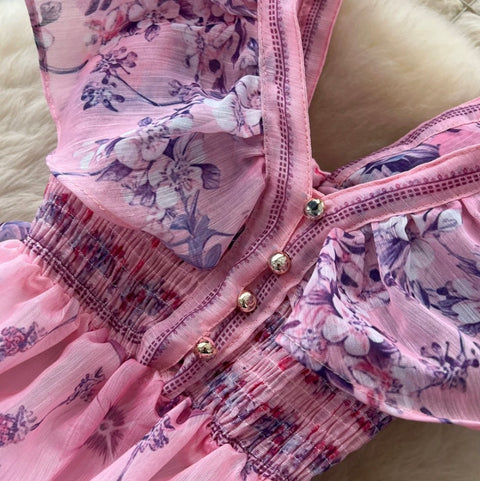 Backless Lace-up Floral Dress