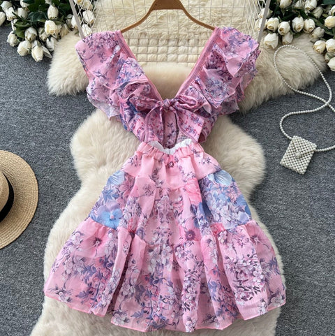 Backless Lace-up Floral Dress