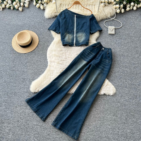 Slant-neckline Jacket & Jeans Denim 2Pcs
