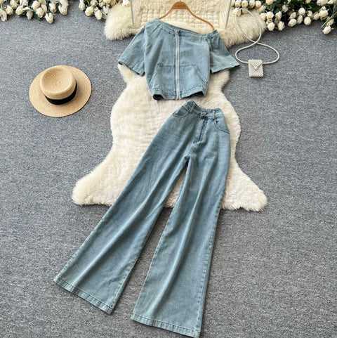 Slant-neckline Jacket & Jeans Denim 2Pcs