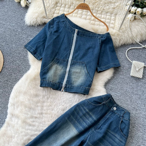 Slant-neckline Jacket & Jeans Denim 2Pcs