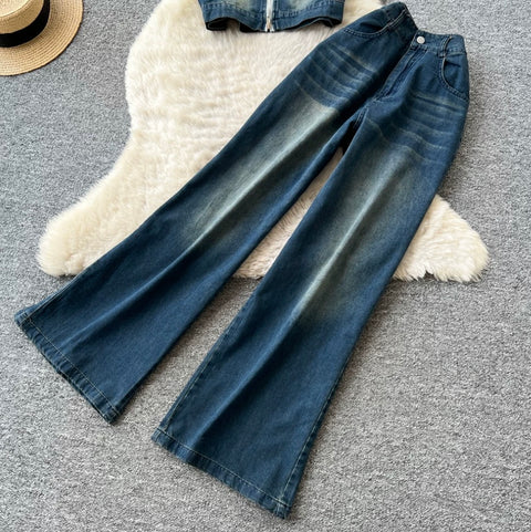 Slant-neckline Jacket & Jeans Denim 2Pcs