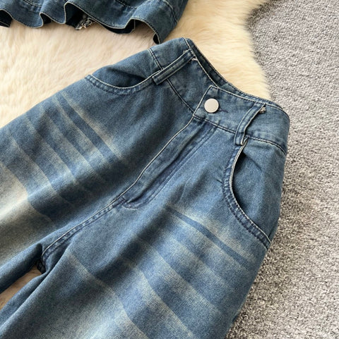 Slant-neckline Jacket & Jeans Denim 2Pcs