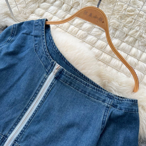 Slant-neckline Jacket & Jeans Denim 2Pcs
