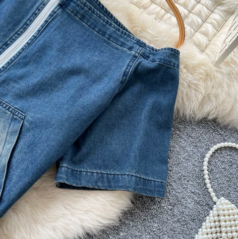 Slant-neckline Jacket & Jeans Denim 2Pcs