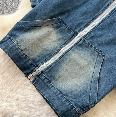Slant-neckline Jacket & Jeans Denim 2Pcs