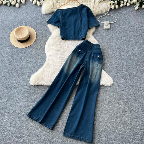Slant-neckline Jacket & Jeans Denim 2Pcs